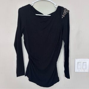 Rachel Adams black long-sleeve top beaded embellishment on one shoulder. Size 4